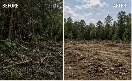 Before and after of a wooded lot cleared to usable ground