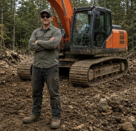 Excavation operator standing in front of his machine on a cleared lot