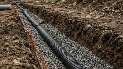 French drain pipe and stone installed in a trench