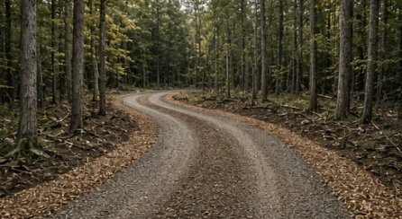New gravel driveway winding through NH woods